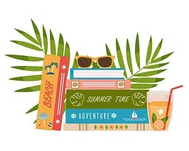 dibujo de una pila de libros con un trago, unos lentes de sol y unas hojas